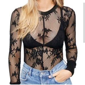 Free People Cool With It Black Floral Mesh Layering Top size Small